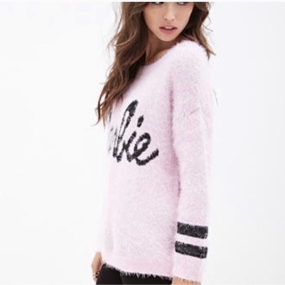 Barbie Graphic Baby Pink Eyelash Fur Crew Neck Sweater Forever 21 - Picture 11 of 11